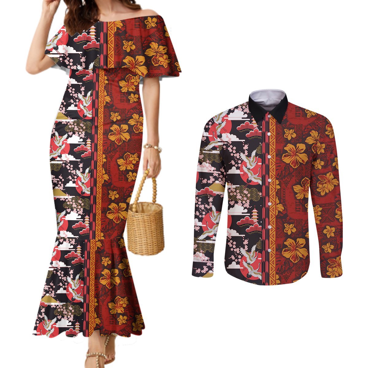 Japanese Culture Hawaii Style Couples Matching Mermaid Dress and Long Sleeve Button Shirt Hawaiian Tribal and Japanese Pattern Together Culture LT03 Red - Polynesian Pride