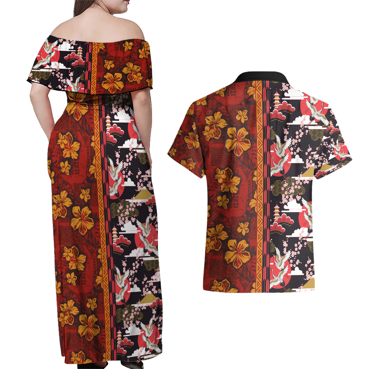 Japanese Culture Hawaii Style Couples Matching Off Shoulder Maxi Dress and Hawaiian Shirt Hawaiian Tribal and Japanese Pattern Together Culture LT03 - Polynesian Pride