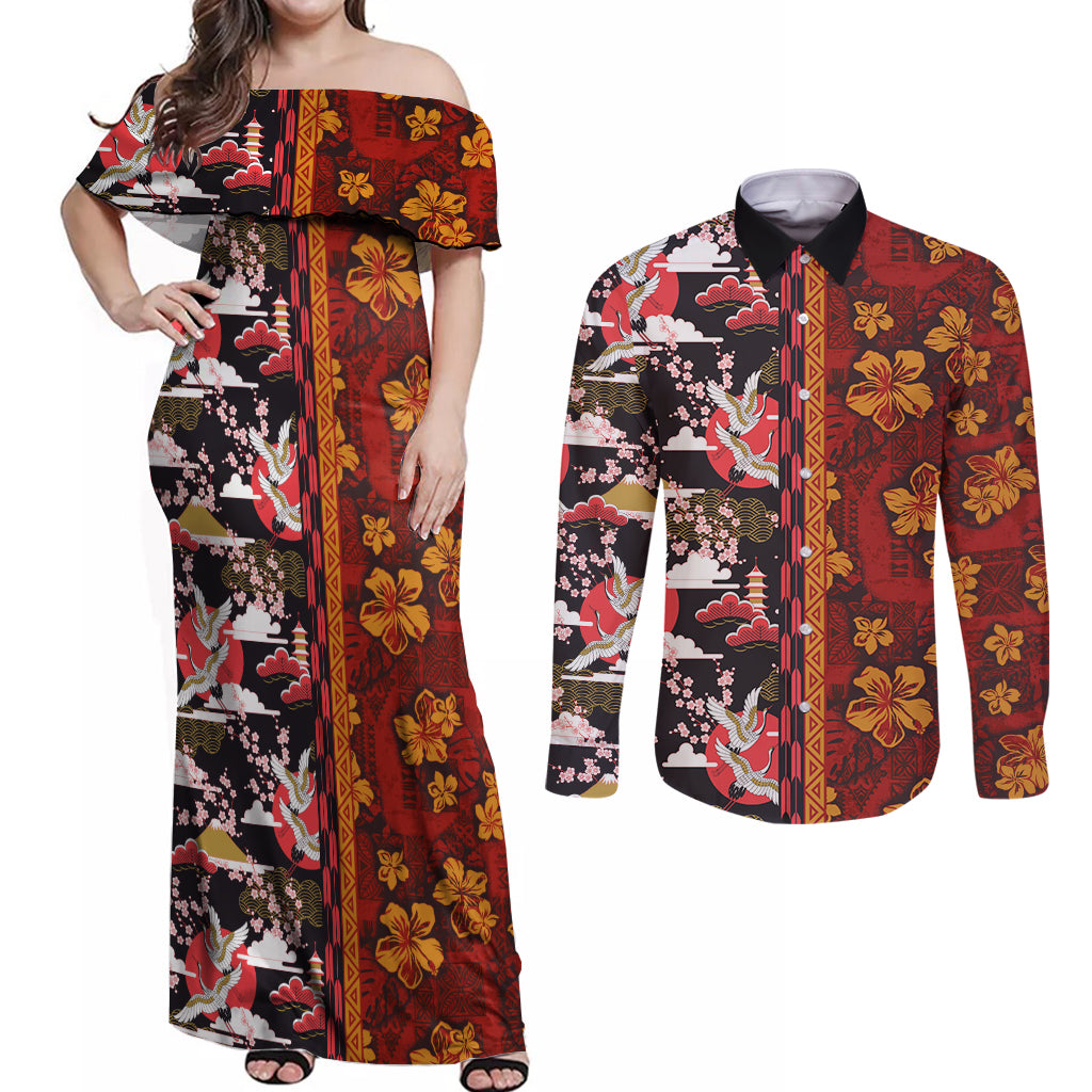 Japanese Culture Hawaii Style Couples Matching Off Shoulder Maxi Dress and Long Sleeve Button Shirt Hawaiian Tribal and Japanese Pattern Together Culture LT03 Red - Polynesian Pride