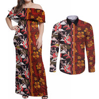 Japanese Culture Hawaii Style Couples Matching Off Shoulder Maxi Dress and Long Sleeve Button Shirt Hawaiian Tribal and Japanese Pattern Together Culture LT03 Red - Polynesian Pride