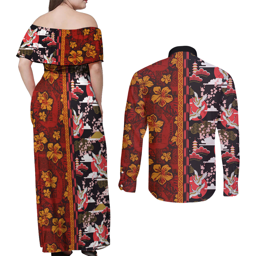 Japanese Culture Hawaii Style Couples Matching Off Shoulder Maxi Dress and Long Sleeve Button Shirt Hawaiian Tribal and Japanese Pattern Together Culture LT03 - Polynesian Pride