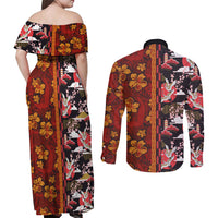 Japanese Culture Hawaii Style Couples Matching Off Shoulder Maxi Dress and Long Sleeve Button Shirt Hawaiian Tribal and Japanese Pattern Together Culture LT03 - Polynesian Pride