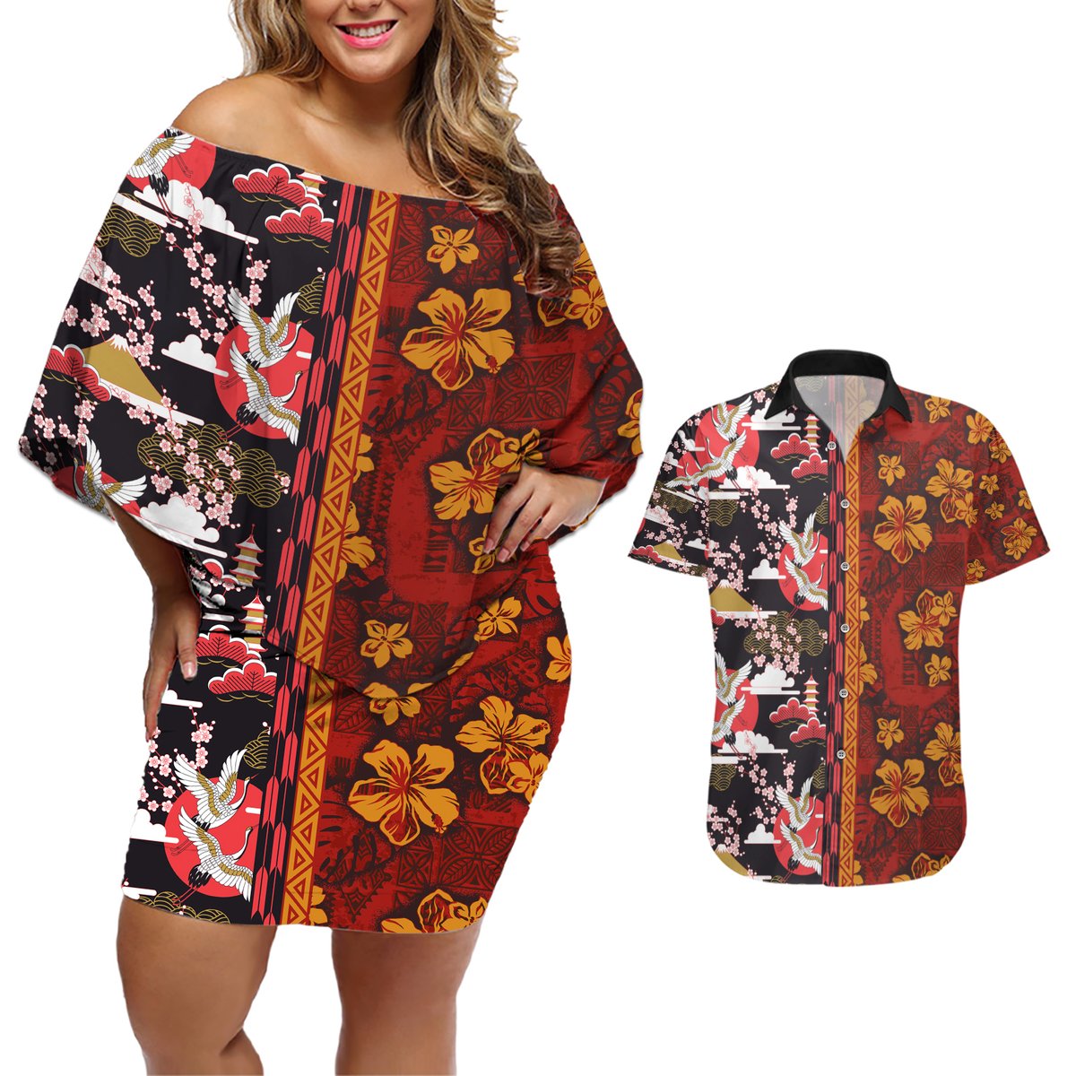 Japanese Culture Hawaii Style Couples Matching Off Shoulder Short Dress and Hawaiian Shirt Hawaiian Tribal and Japanese Pattern Together Culture LT03 Red - Polynesian Pride