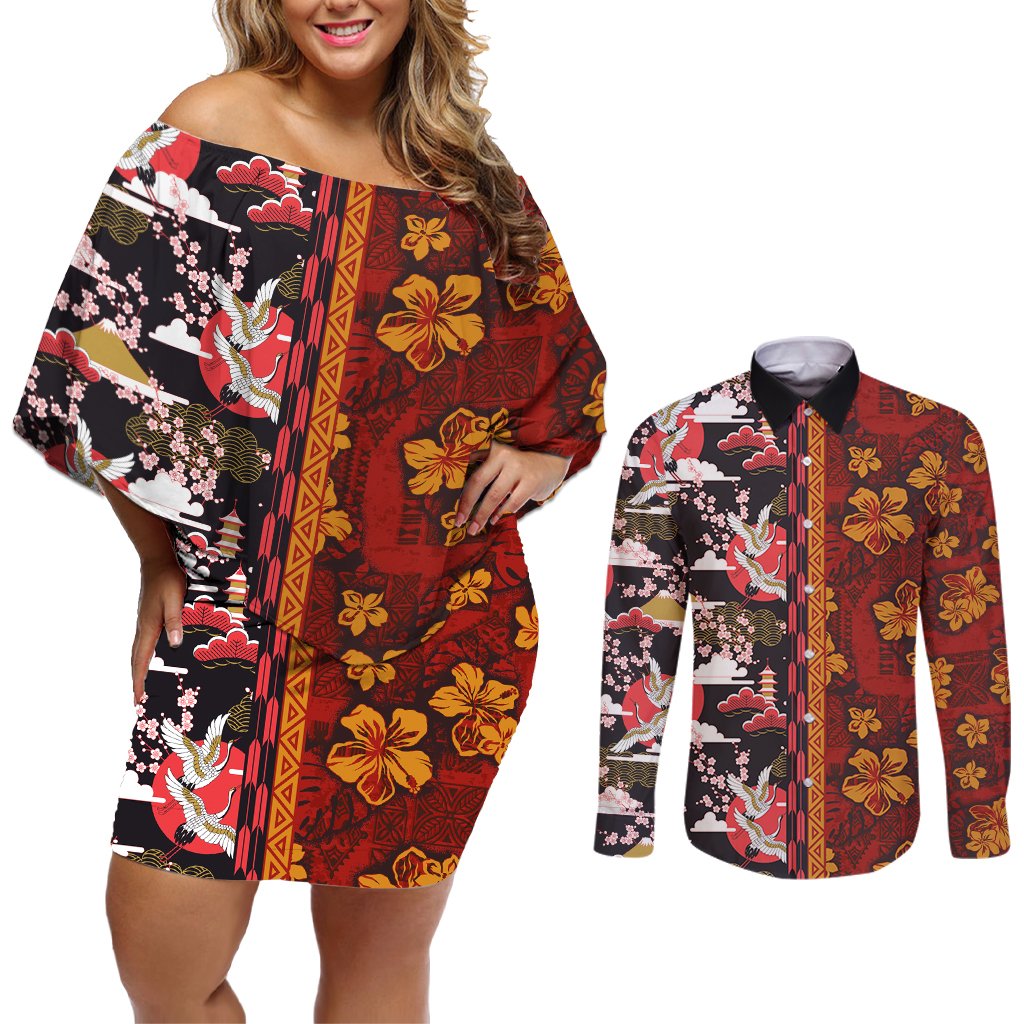 Japanese Culture Hawaii Style Couples Matching Off Shoulder Short Dress and Long Sleeve Button Shirt Hawaiian Tribal and Japanese Pattern Together Culture LT03 Red - Polynesian Pride