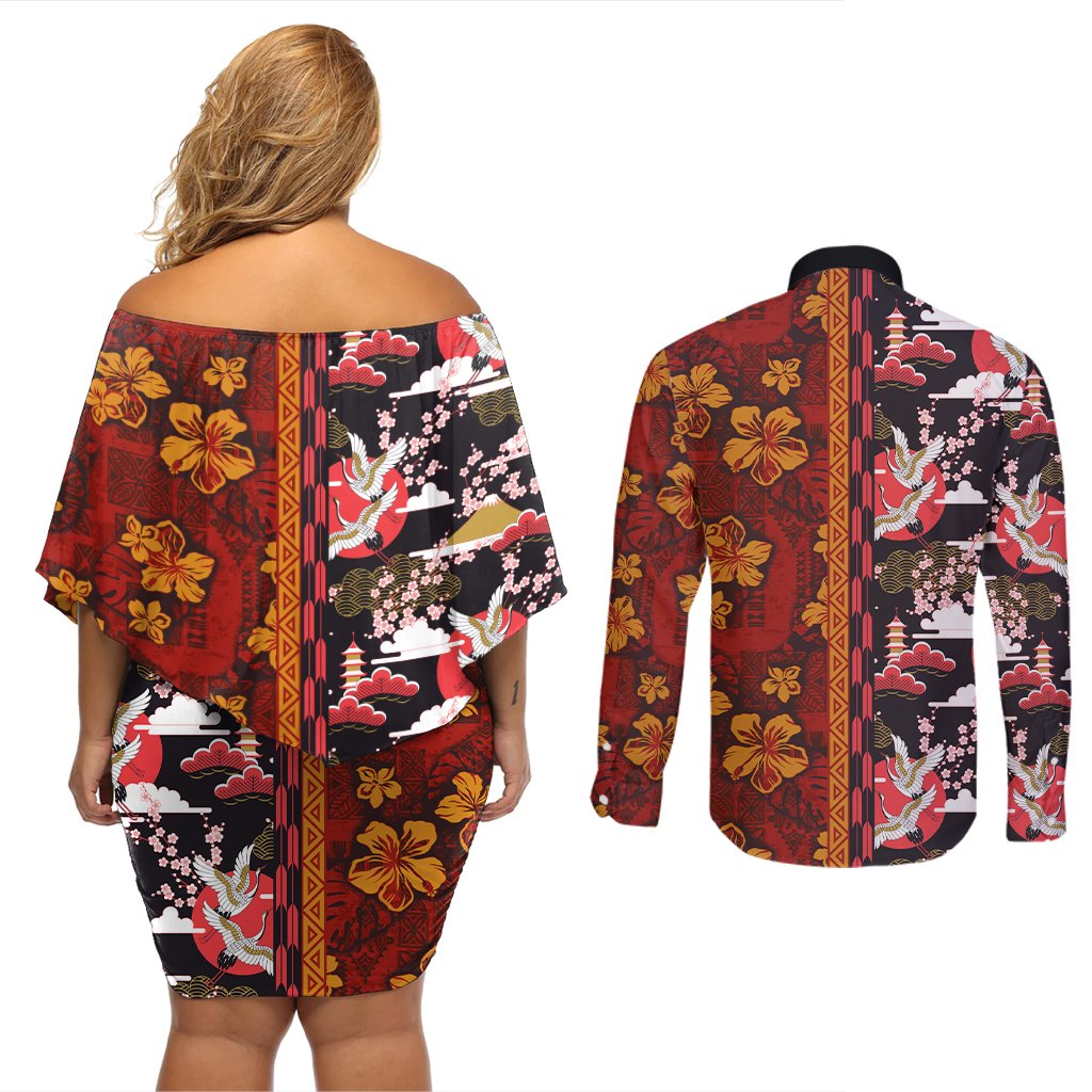 Japanese Culture Hawaii Style Couples Matching Off Shoulder Short Dress and Long Sleeve Button Shirt Hawaiian Tribal and Japanese Pattern Together Culture LT03 - Polynesian Pride