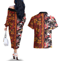 Japanese Culture Hawaii Style Couples Matching Off The Shoulder Long Sleeve Dress and Hawaiian Shirt Hawaiian Tribal and Japanese Pattern Together Culture LT03 - Polynesian Pride