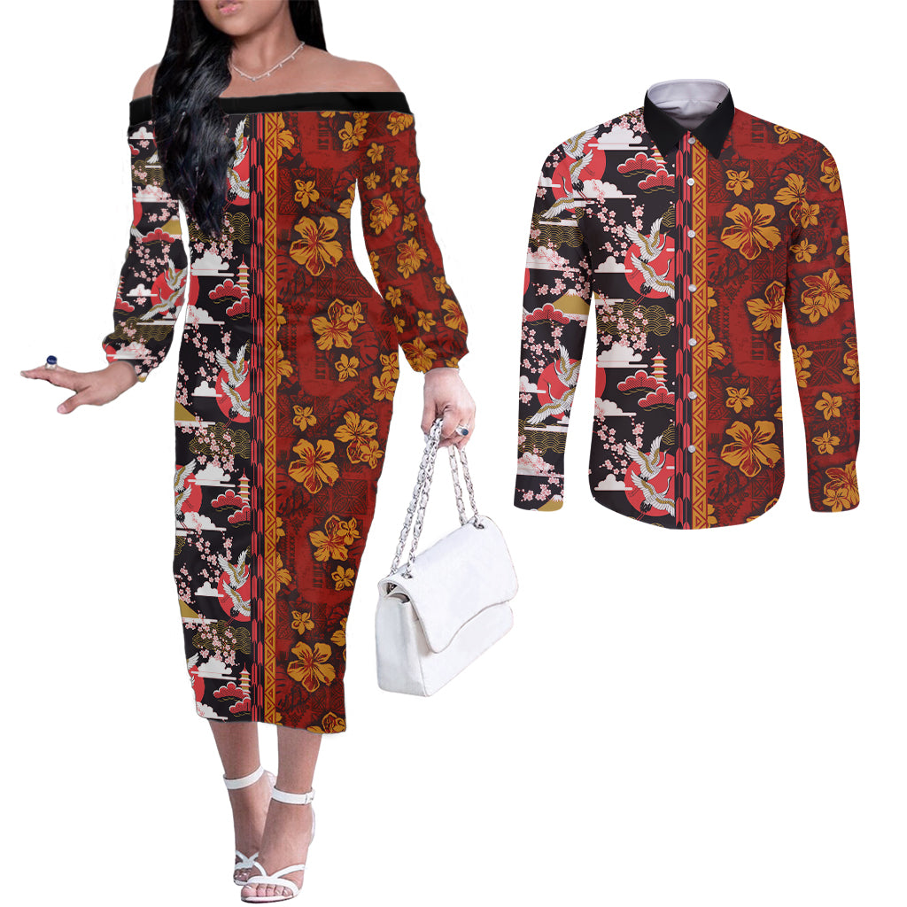 Japanese Culture Hawaii Style Couples Matching Off The Shoulder Long Sleeve Dress and Long Sleeve Button Shirt Hawaiian Tribal and Japanese Pattern Together Culture LT03 Red - Polynesian Pride