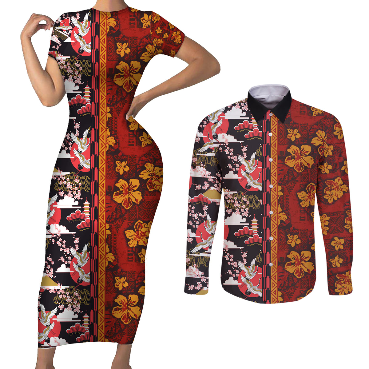 Japanese Culture Hawaii Style Couples Matching Short Sleeve Bodycon Dress and Long Sleeve Button Shirt Hawaiian Tribal and Japanese Pattern Together Culture LT03 Red - Polynesian Pride