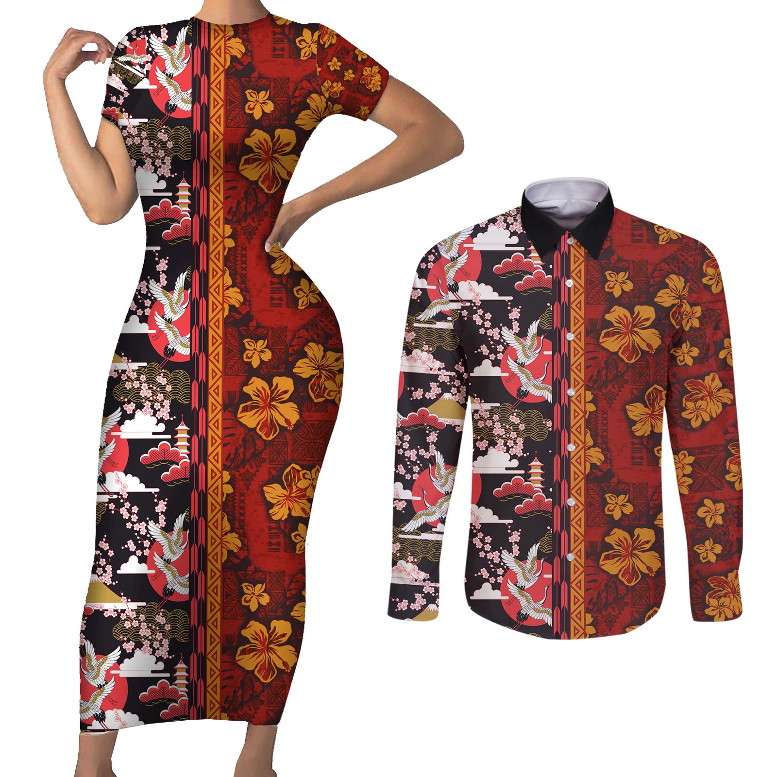 Japanese Culture Hawaii Style Couples Matching Short Sleeve Bodycon Dress and Long Sleeve Button Shirt Hawaiian Tribal and Japanese Pattern Together Culture LT03 Red - Polynesian Pride