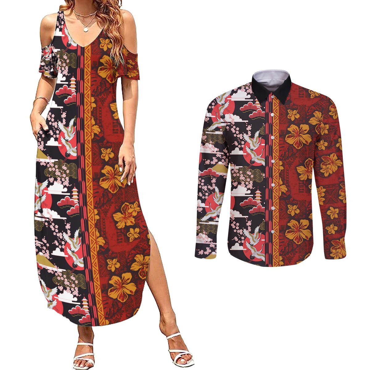 Japanese Culture Hawaii Style Couples Matching Summer Maxi Dress and Long Sleeve Button Shirt Hawaiian Tribal and Japanese Pattern Together Culture LT03 Red - Polynesian Pride