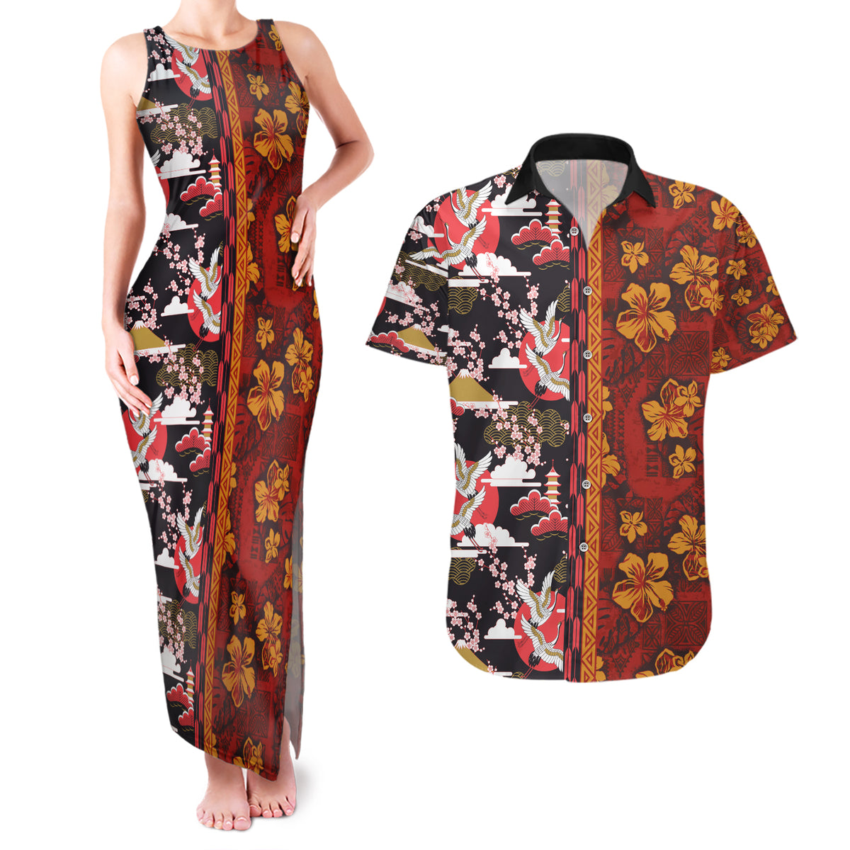 Japanese Culture Hawaii Style Couples Matching Tank Maxi Dress and Hawaiian Shirt Hawaiian Tribal and Japanese Pattern Together Culture LT03 Red - Polynesian Pride