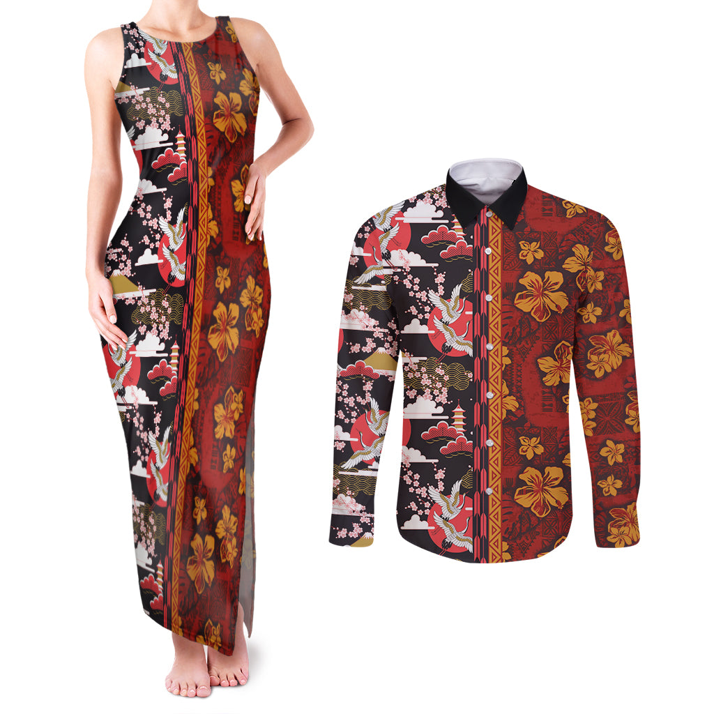 Japanese Culture Hawaii Style Couples Matching Tank Maxi Dress and Long Sleeve Button Shirt Hawaiian Tribal and Japanese Pattern Together Culture LT03 Red - Polynesian Pride