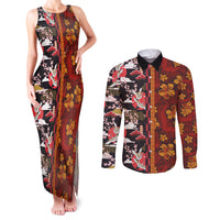Japanese Culture Hawaii Style Couples Matching Tank Maxi Dress and Long Sleeve Button Shirt Hawaiian Tribal and Japanese Pattern Together Culture LT03 Red - Polynesian Pride