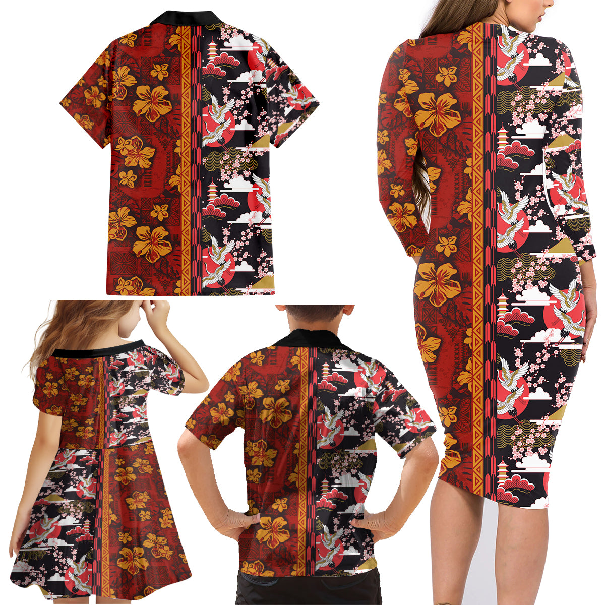 Japanese Culture Hawaii Style Family Matching Long Sleeve Bodycon Dress and Hawaiian Shirt Hawaiian Tribal and Japanese Pattern Together Culture LT03 - Polynesian Pride