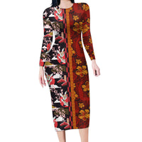 Japanese Culture Hawaii Style Family Matching Long Sleeve Bodycon Dress and Hawaiian Shirt Hawaiian Tribal and Japanese Pattern Together Culture LT03 Mom's Dress Red - Polynesian Pride