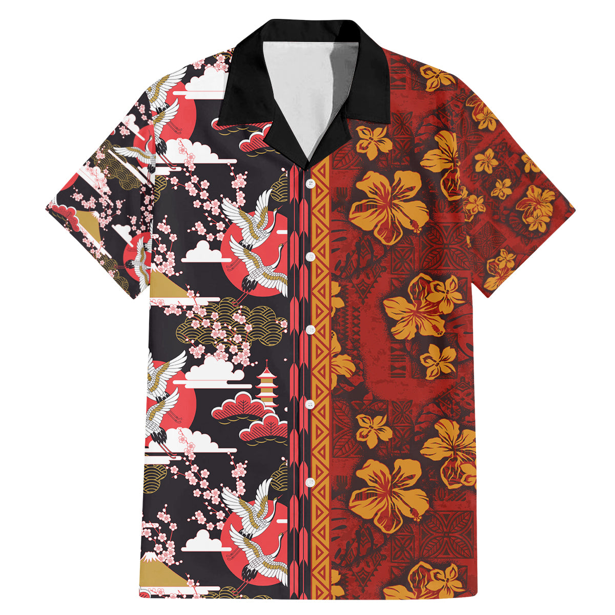 Japanese Culture Hawaii Style Family Matching Mermaid Dress and Hawaiian Shirt Hawaiian Tribal and Japanese Pattern Together Culture LT03 Dad's Shirt - Short Sleeve Red - Polynesian Pride