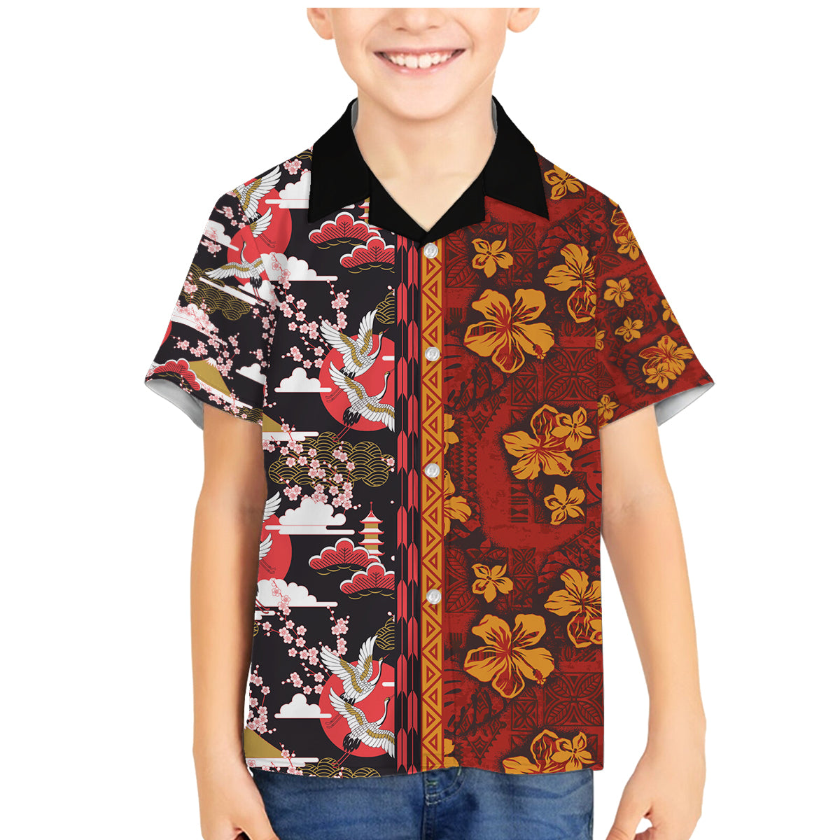 Japanese Culture Hawaii Style Family Matching Mermaid Dress and Hawaiian Shirt Hawaiian Tribal and Japanese Pattern Together Culture LT03 Son's Shirt Red - Polynesian Pride