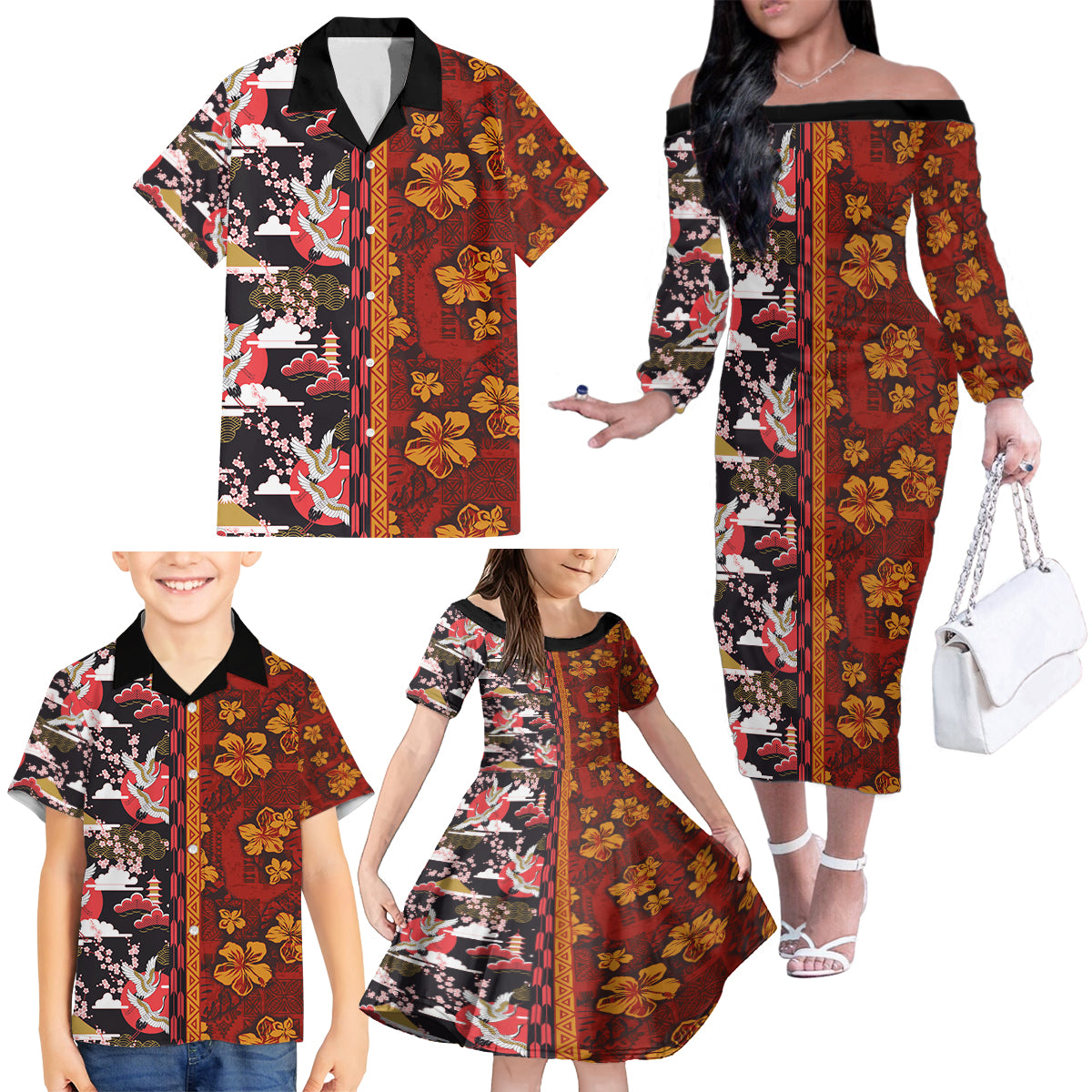 Japanese Culture Hawaii Style Family Matching Off The Shoulder Long Sleeve Dress and Hawaiian Shirt Hawaiian Tribal and Japanese Pattern Together Culture LT03 - Polynesian Pride