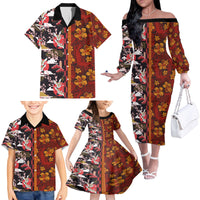 Japanese Culture Hawaii Style Family Matching Off The Shoulder Long Sleeve Dress and Hawaiian Shirt Hawaiian Tribal and Japanese Pattern Together Culture LT03 - Polynesian Pride