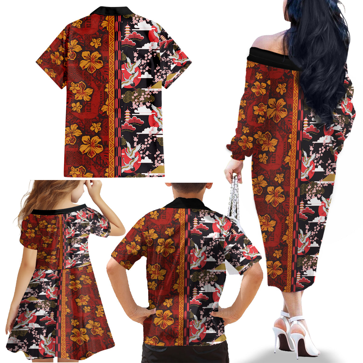 Japanese Culture Hawaii Style Family Matching Off The Shoulder Long Sleeve Dress and Hawaiian Shirt Hawaiian Tribal and Japanese Pattern Together Culture LT03 - Polynesian Pride