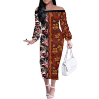 Japanese Culture Hawaii Style Family Matching Off The Shoulder Long Sleeve Dress and Hawaiian Shirt Hawaiian Tribal and Japanese Pattern Together Culture LT03 Mom's Dress Red - Polynesian Pride