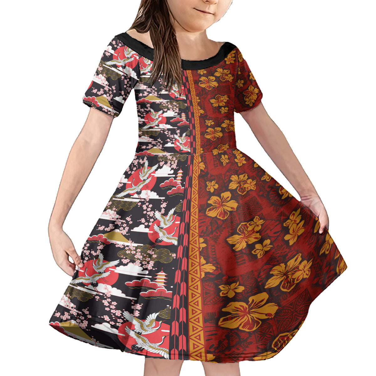 Japanese Culture Hawaii Style Family Matching Off Shoulder Maxi Dress and Hawaiian Shirt Hawaiian Tribal and Japanese Pattern Together Culture LT03 Daughter's Dress Red - Polynesian Pride