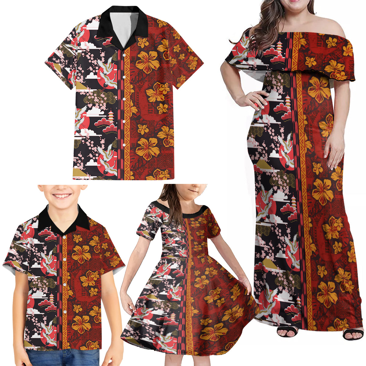 Japanese Culture Hawaii Style Family Matching Off Shoulder Maxi Dress and Hawaiian Shirt Hawaiian Tribal and Japanese Pattern Together Culture LT03 - Polynesian Pride