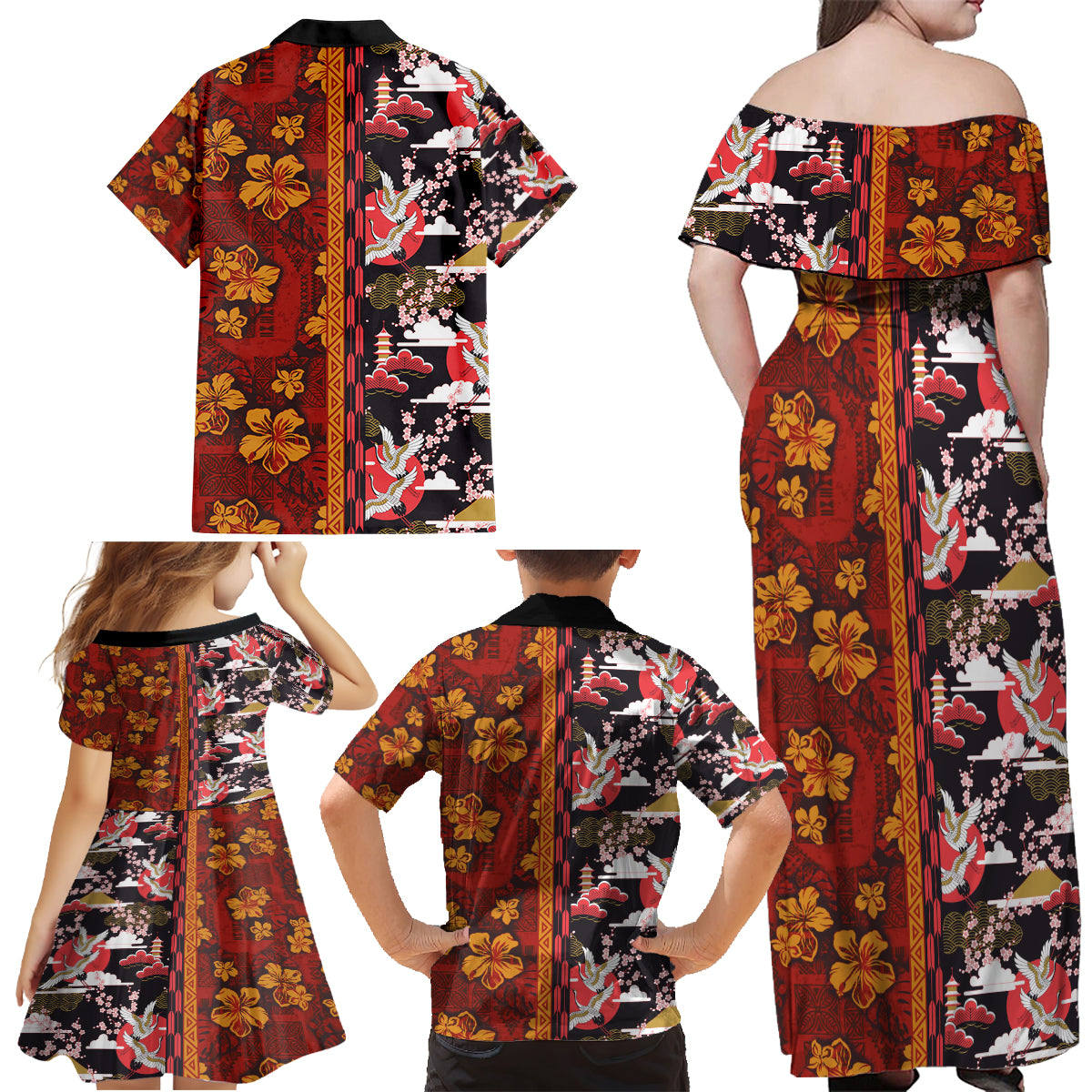 Japanese Culture Hawaii Style Family Matching Off Shoulder Maxi Dress and Hawaiian Shirt Hawaiian Tribal and Japanese Pattern Together Culture LT03 - Polynesian Pride