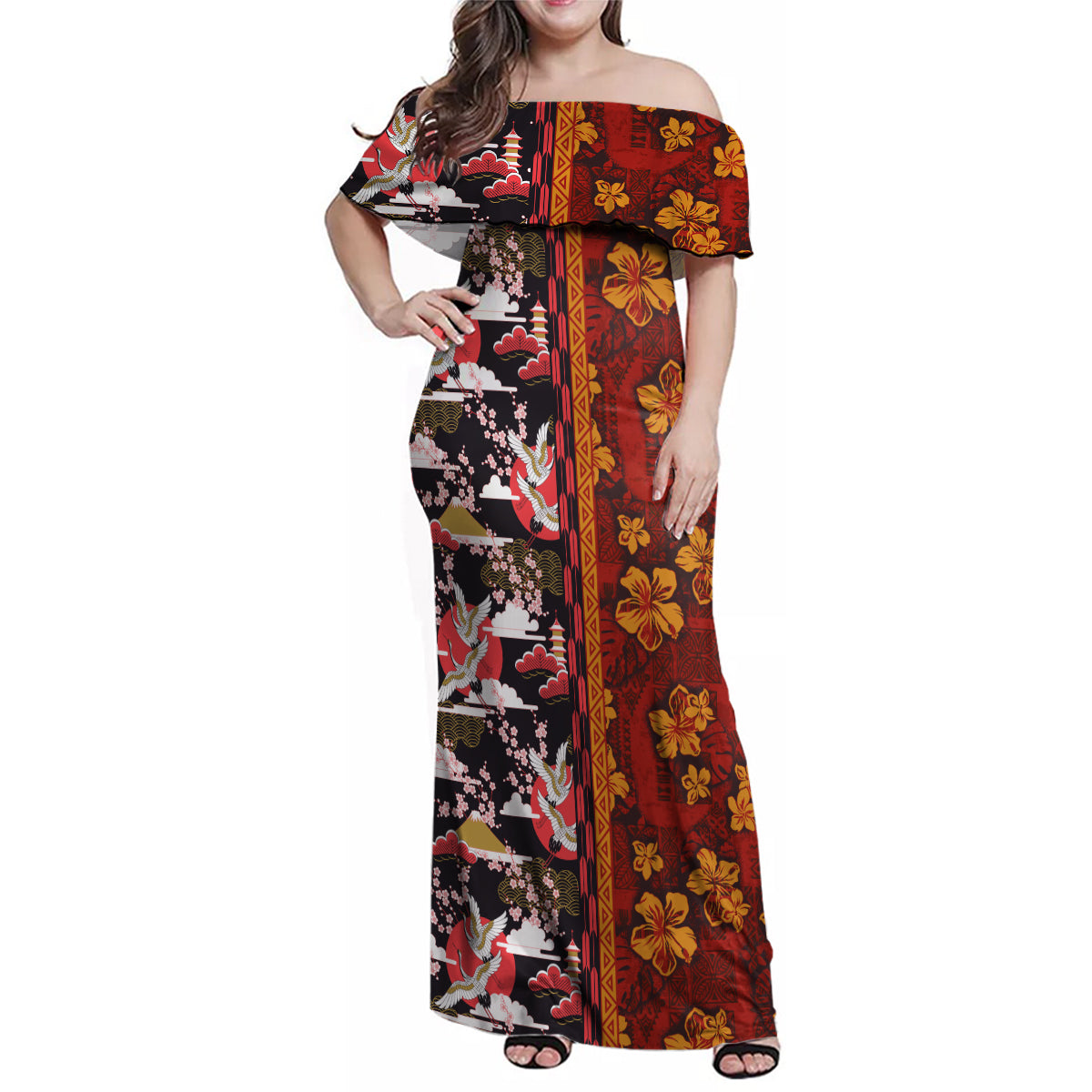 Japanese Culture Hawaii Style Family Matching Off Shoulder Maxi Dress and Hawaiian Shirt Hawaiian Tribal and Japanese Pattern Together Culture LT03 Mom's Dress Red - Polynesian Pride