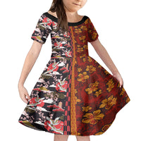 Japanese Culture Hawaii Style Family Matching Off Shoulder Short Dress and Hawaiian Shirt Hawaiian Tribal and Japanese Pattern Together Culture LT03 Daughter's Dress Red - Polynesian Pride
