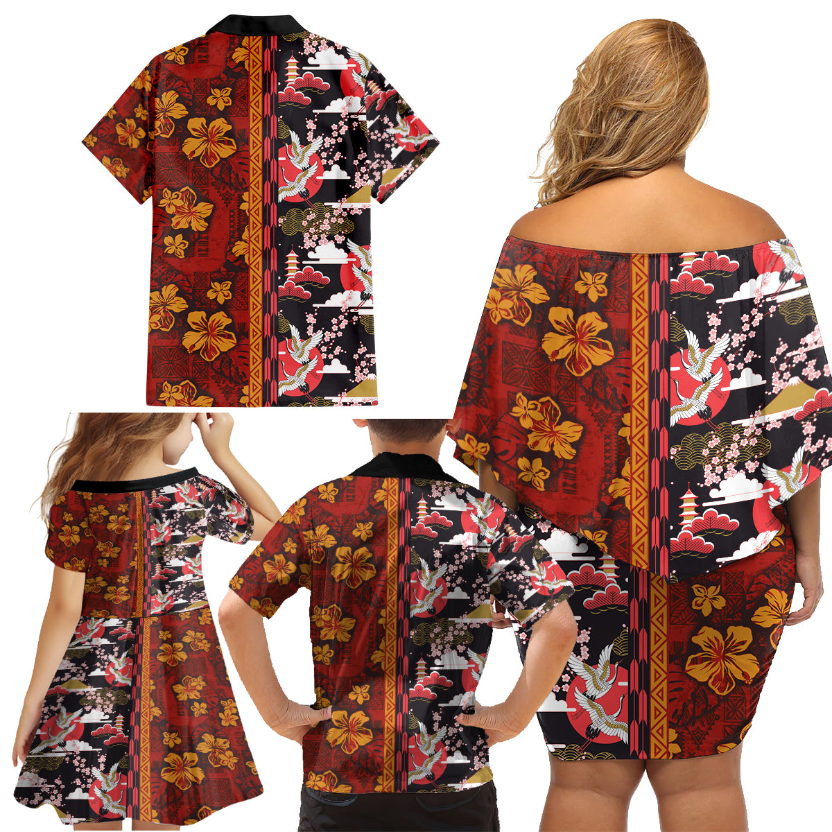 Japanese Culture Hawaii Style Family Matching Off Shoulder Short Dress and Hawaiian Shirt Hawaiian Tribal and Japanese Pattern Together Culture LT03 - Polynesian Pride