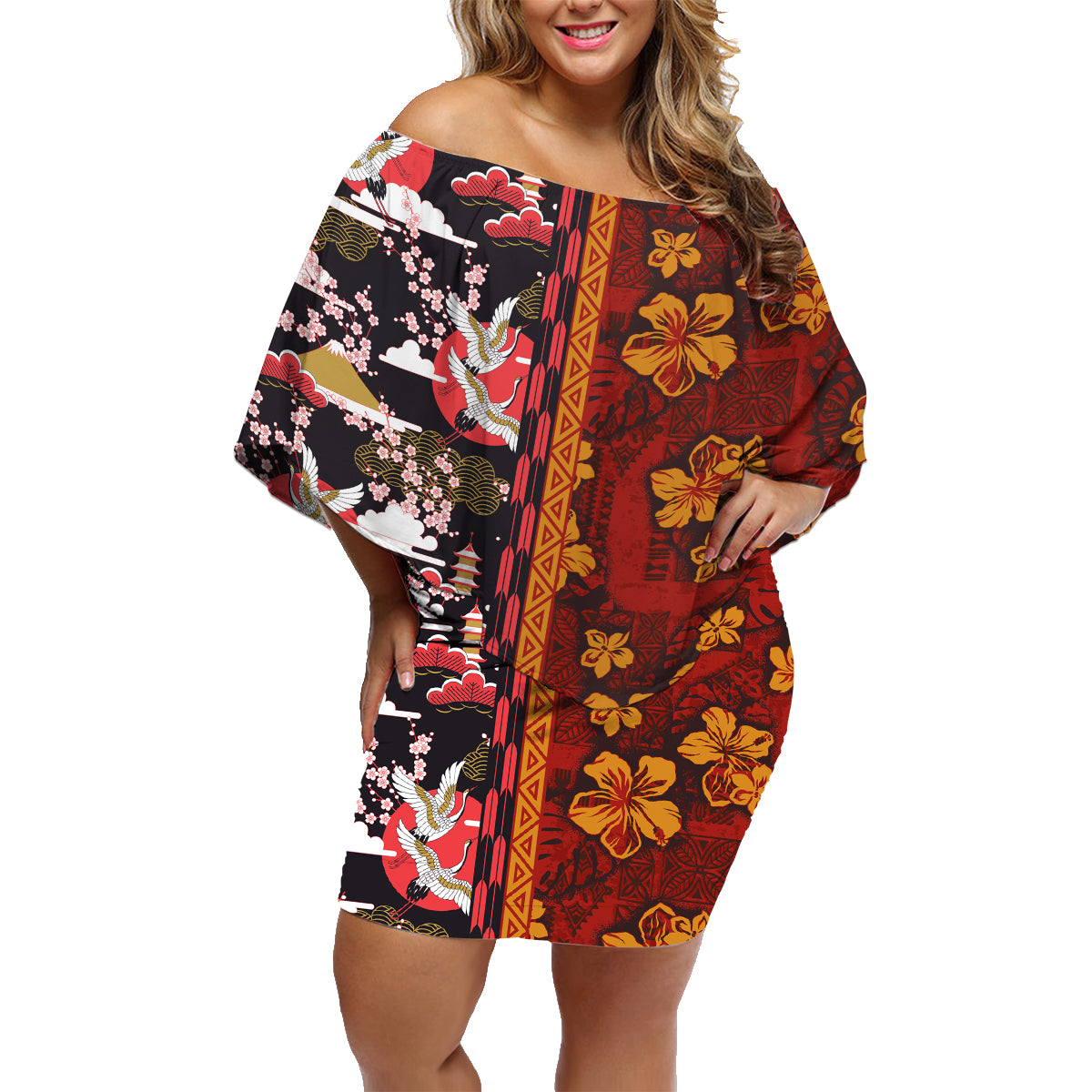 Japanese Culture Hawaii Style Family Matching Off Shoulder Short Dress and Hawaiian Shirt Hawaiian Tribal and Japanese Pattern Together Culture LT03 Mom's Dress Red - Polynesian Pride