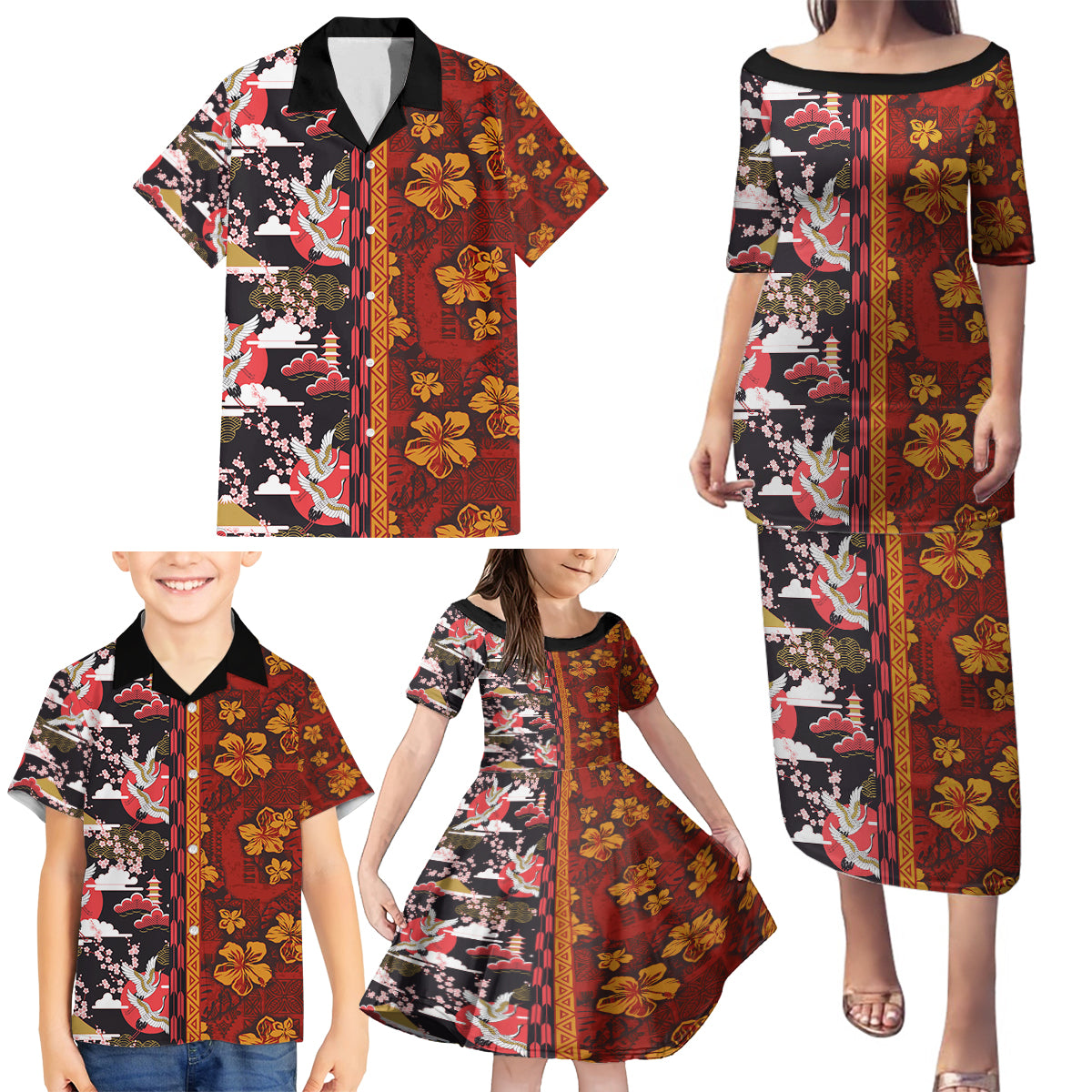 Japanese Culture Hawaii Style Family Matching Puletasi and Hawaiian Shirt Hawaiian Tribal and Japanese Pattern Together Culture LT03 - Polynesian Pride