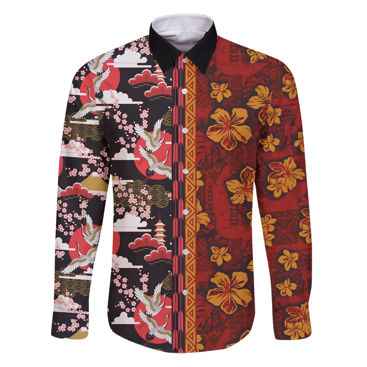 Japanese Culture Hawaii Style Family Matching Puletasi and Hawaiian Shirt Hawaiian Tribal and Japanese Pattern Together Culture LT03 Dad's Shirt - Long Sleeve Red - Polynesian Pride