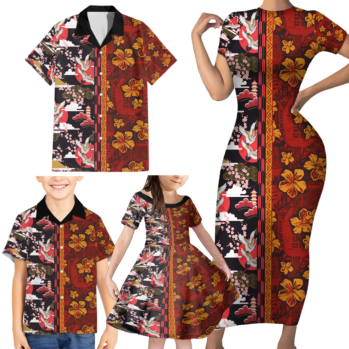 Japanese Culture Hawaii Style Family Matching Short Sleeve Bodycon Dress and Hawaiian Shirt Hawaiian Tribal and Japanese Pattern Together Culture LT03 - Polynesian Pride
