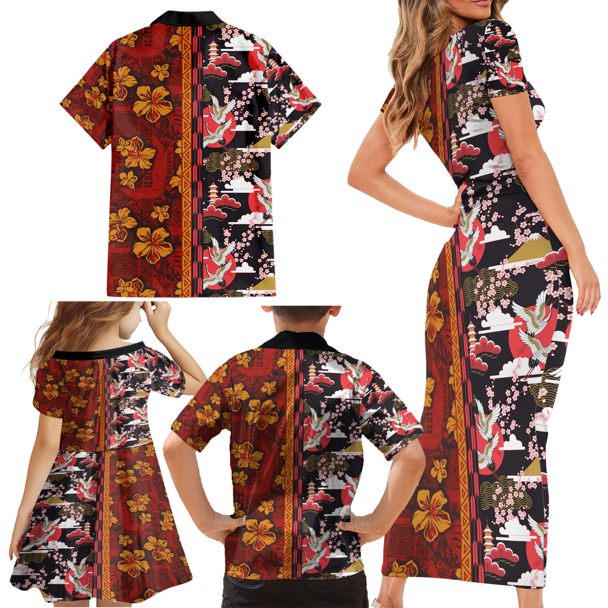 Japanese Culture Hawaii Style Family Matching Short Sleeve Bodycon Dress and Hawaiian Shirt Hawaiian Tribal and Japanese Pattern Together Culture LT03 - Polynesian Pride