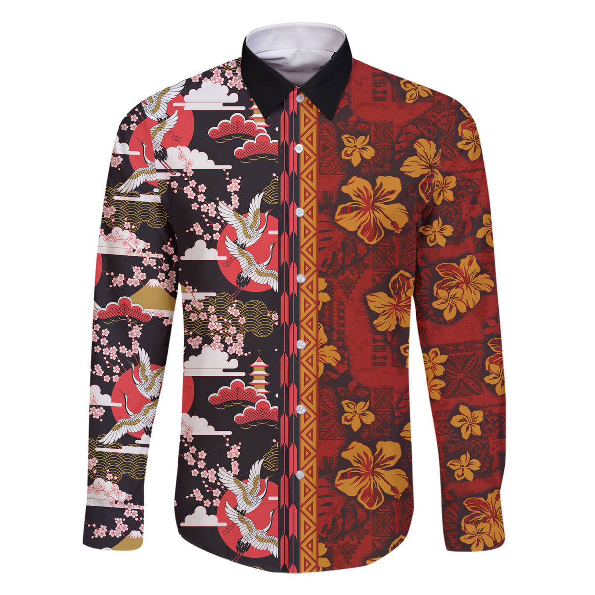Japanese Culture Hawaii Style Family Matching Short Sleeve Bodycon Dress and Hawaiian Shirt Hawaiian Tribal and Japanese Pattern Together Culture LT03 Dad's Shirt - Long Sleeve Red - Polynesian Pride