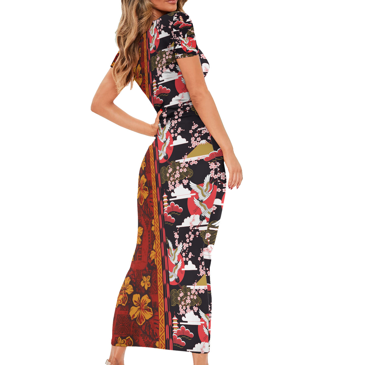 Japanese Culture Hawaii Style Family Matching Short Sleeve Bodycon Dress and Hawaiian Shirt Hawaiian Tribal and Japanese Pattern Together Culture LT03 - Polynesian Pride