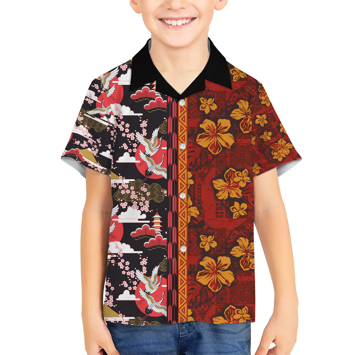 Japanese Culture Hawaii Style Family Matching Short Sleeve Bodycon Dress and Hawaiian Shirt Hawaiian Tribal and Japanese Pattern Together Culture LT03 Son's Shirt Red - Polynesian Pride