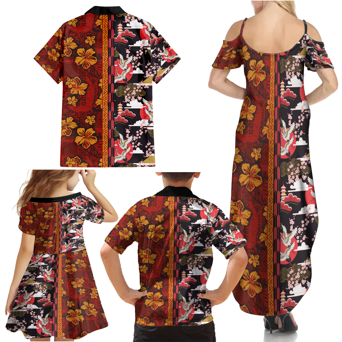 Japanese Culture Hawaii Style Family Matching Summer Maxi Dress and Hawaiian Shirt Hawaiian Tribal and Japanese Pattern Together Culture LT03 - Polynesian Pride