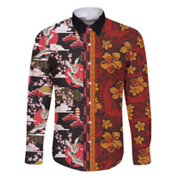 Japanese Culture Hawaii Style Family Matching Summer Maxi Dress and Hawaiian Shirt Hawaiian Tribal and Japanese Pattern Together Culture LT03 Dad's Shirt - Long Sleeve Red - Polynesian Pride