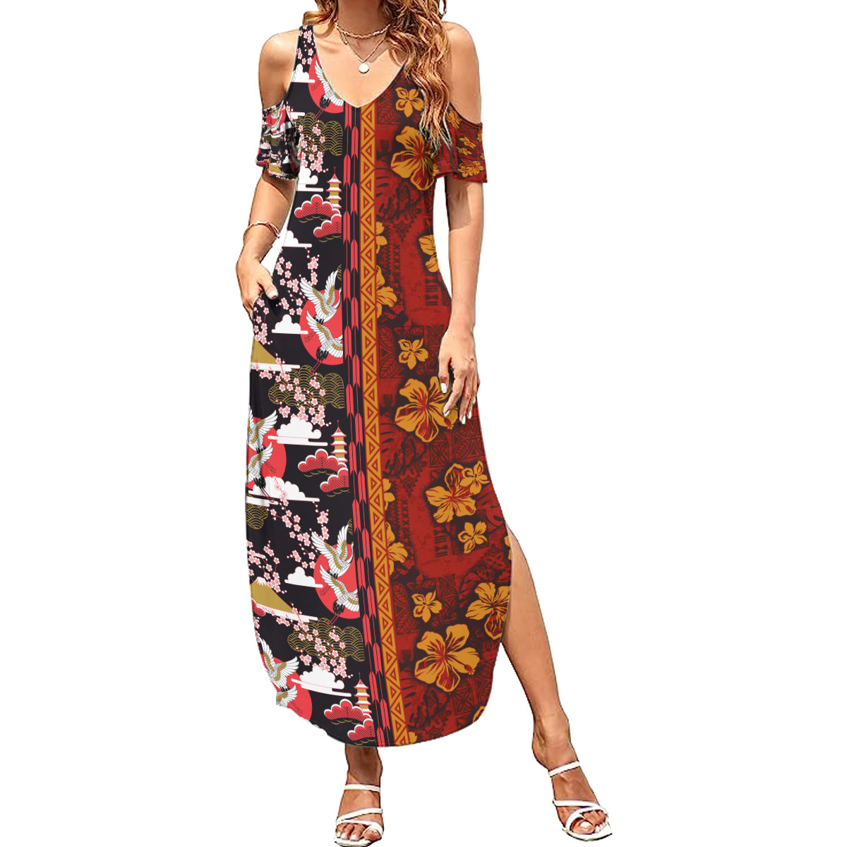 Japanese Culture Hawaii Style Family Matching Summer Maxi Dress and Hawaiian Shirt Hawaiian Tribal and Japanese Pattern Together Culture LT03 Mom's Dress Red - Polynesian Pride