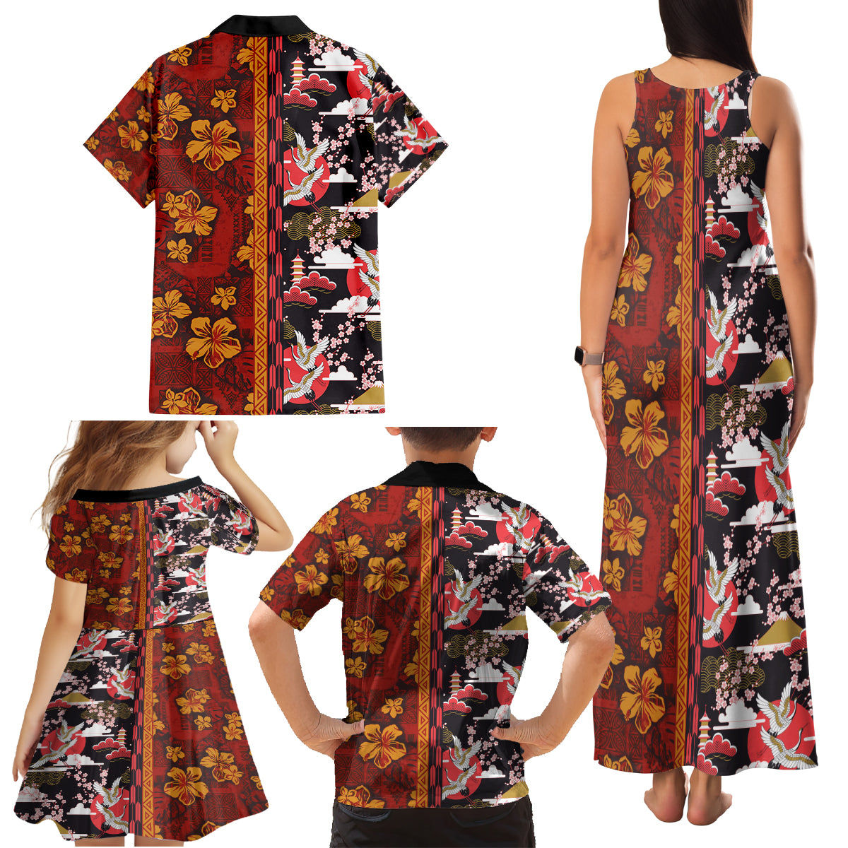 Japanese Culture Hawaii Style Family Matching Tank Maxi Dress and Hawaiian Shirt Hawaiian Tribal and Japanese Pattern Together Culture LT03 - Polynesian Pride