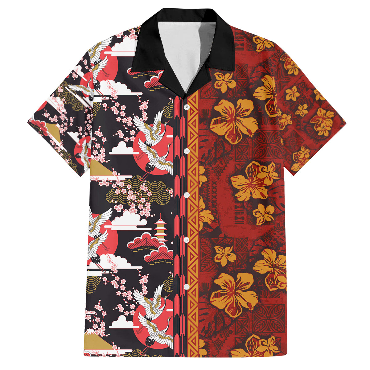 Japanese Culture Hawaii Style Family Matching Tank Maxi Dress and Hawaiian Shirt Hawaiian Tribal and Japanese Pattern Together Culture LT03 Dad's Shirt - Short Sleeve Red - Polynesian Pride