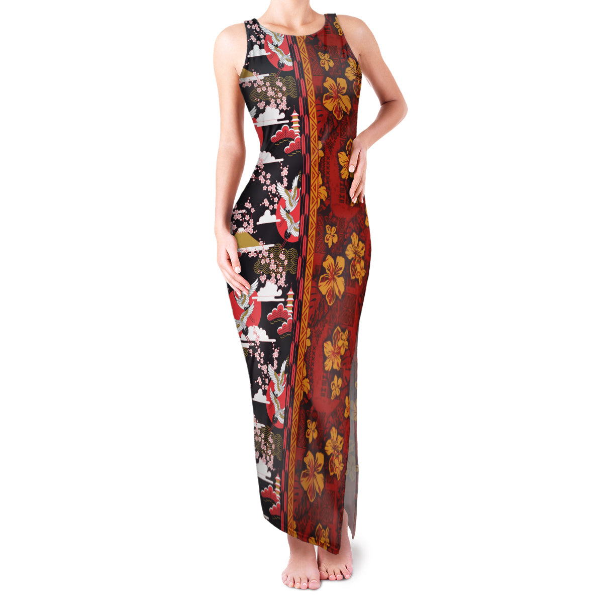 Japanese Culture Hawaii Style Family Matching Tank Maxi Dress and Hawaiian Shirt Hawaiian Tribal and Japanese Pattern Together Culture LT03 Mom's Dress Red - Polynesian Pride