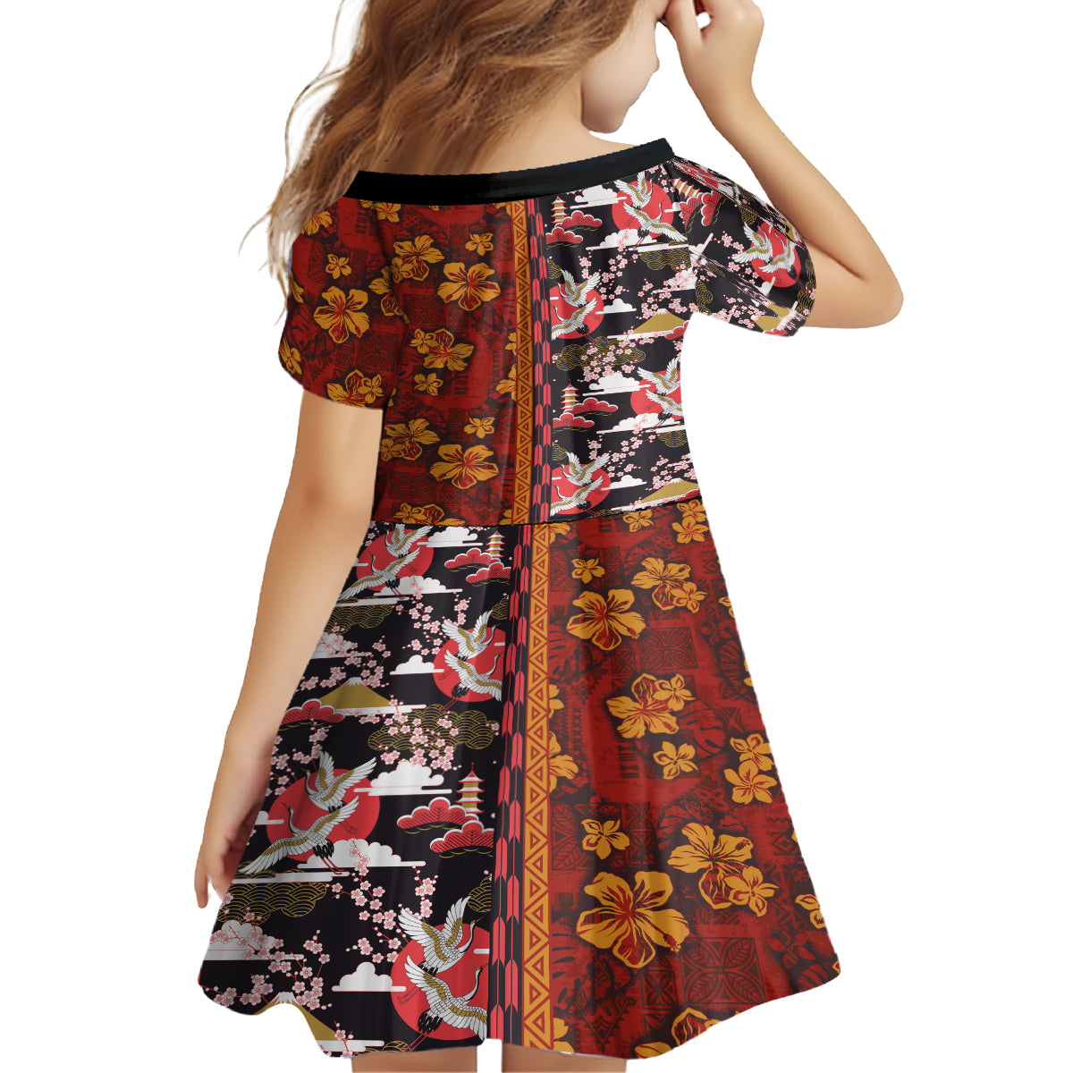Pan-Pacific Festival Kid Short Sleeve Dress Hawaiian Tribal and Japanese Pattern Together Culture