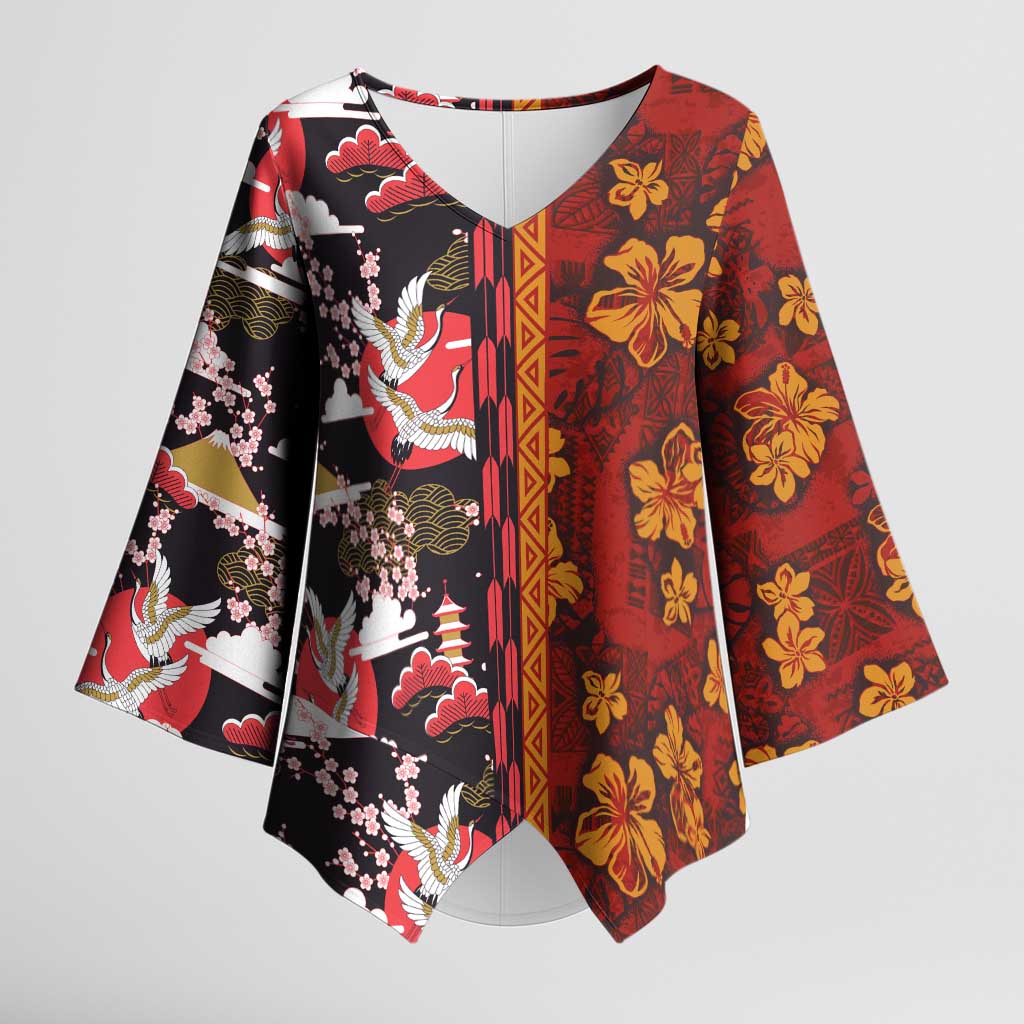Japanese Culture Hawaii Style Kimono Sleeve Blouse Hawaiian Tribal and Japanese Pattern Together Culture LT03 Female Red - Polynesian Pride