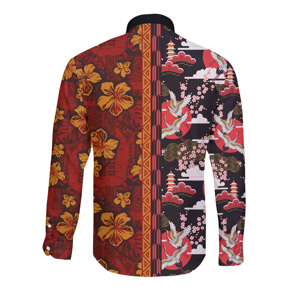 Japanese Culture Hawaii Style Long Sleeve Button Shirt Hawaiian Tribal and Japanese Pattern Together Culture LT03 - Polynesian Pride