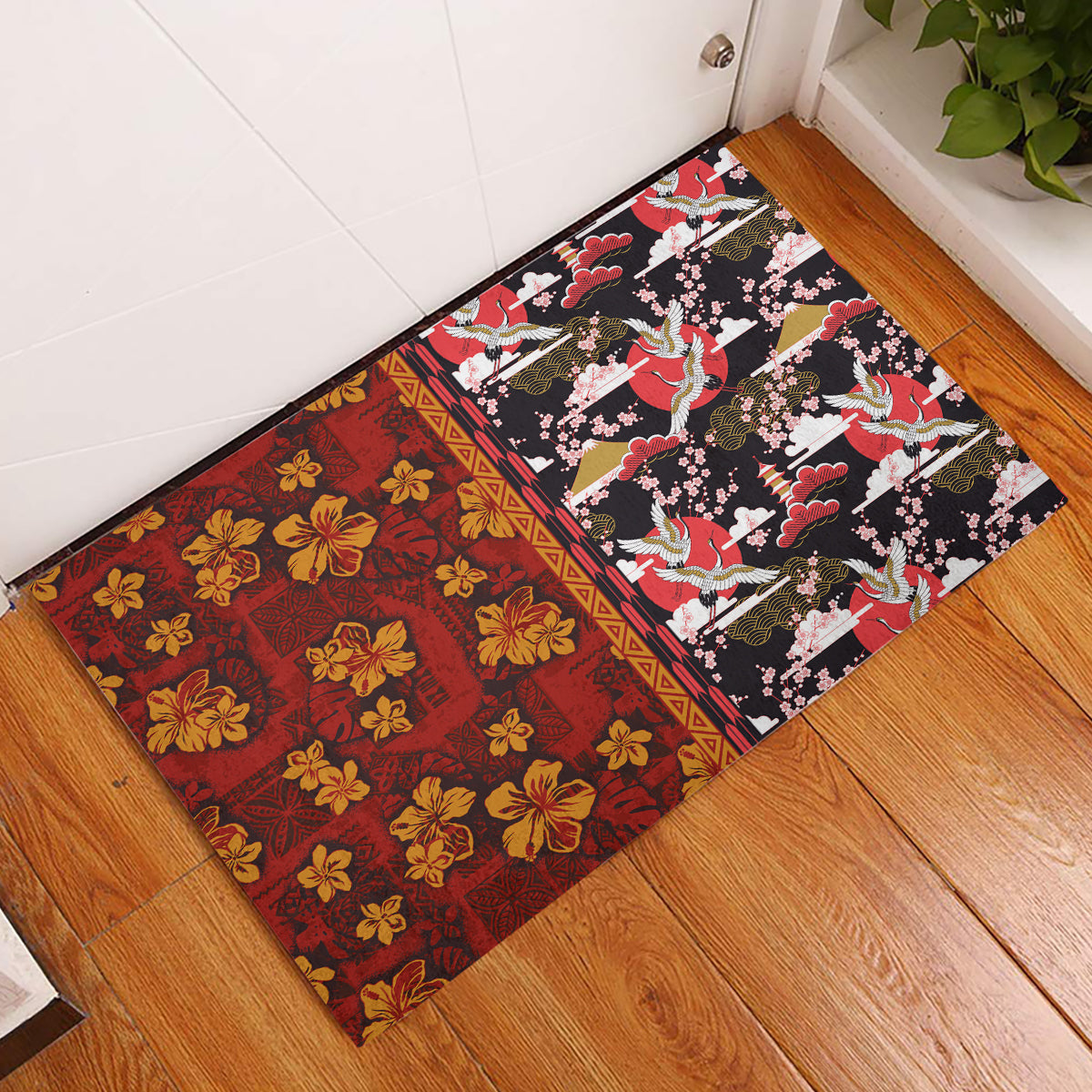 Pan-Pacific Festival Rubber Doormat Hawaiian Tribal and Japanese Pattern Together Culture