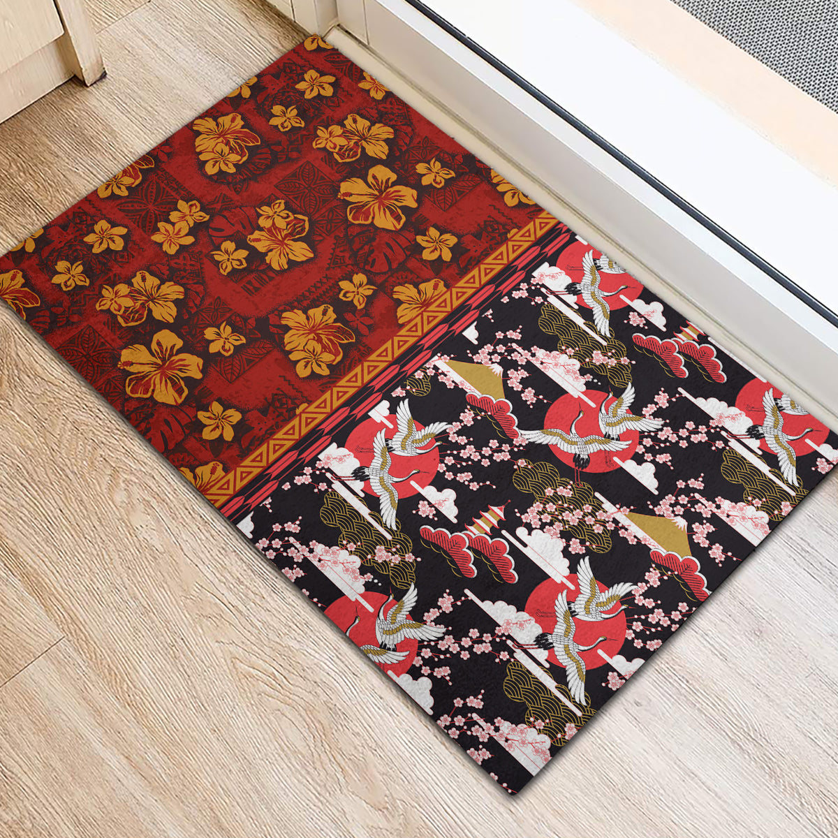 Pan-Pacific Festival Rubber Doormat Hawaiian Tribal and Japanese Pattern Together Culture